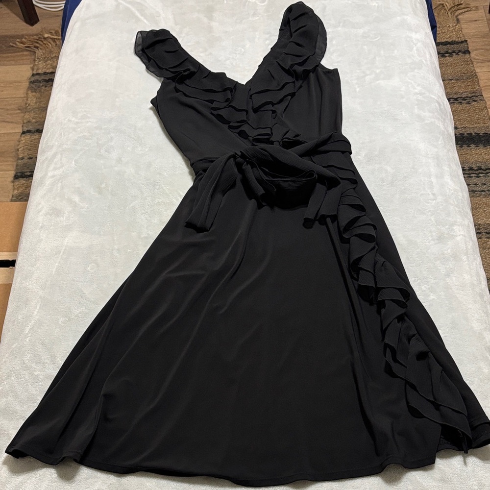 Black ruffle faux wrap dress